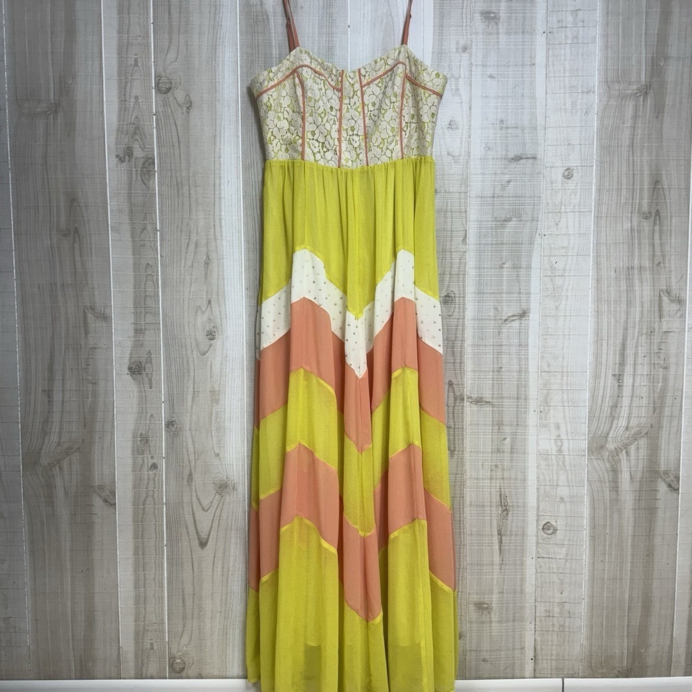 Champagne & Strawberry L  Maxi Dress Lime Pink Chevron Lace Festival Resort